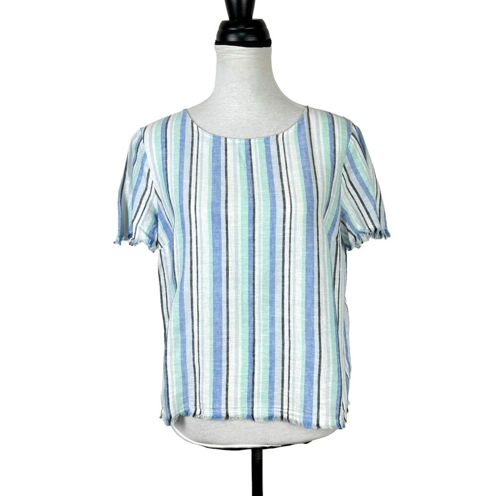 Vince Camuto Bright Blue Stripe Linen Blend Frayed Hem Boxy Casual Top